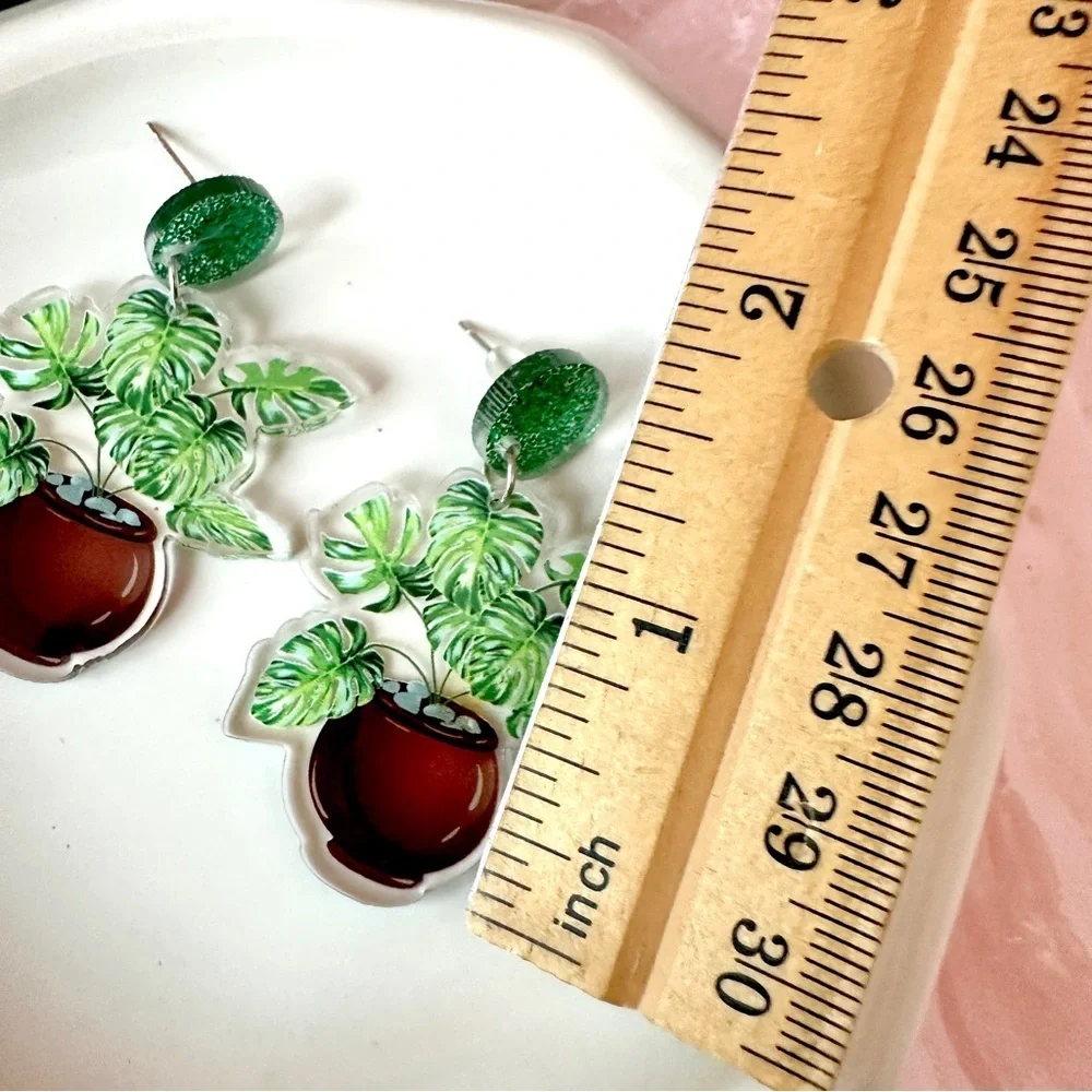 2/$30🌵 Monstera Leaf Potted Plant Earrings Acrylic Jewelry Plant Lady NEW